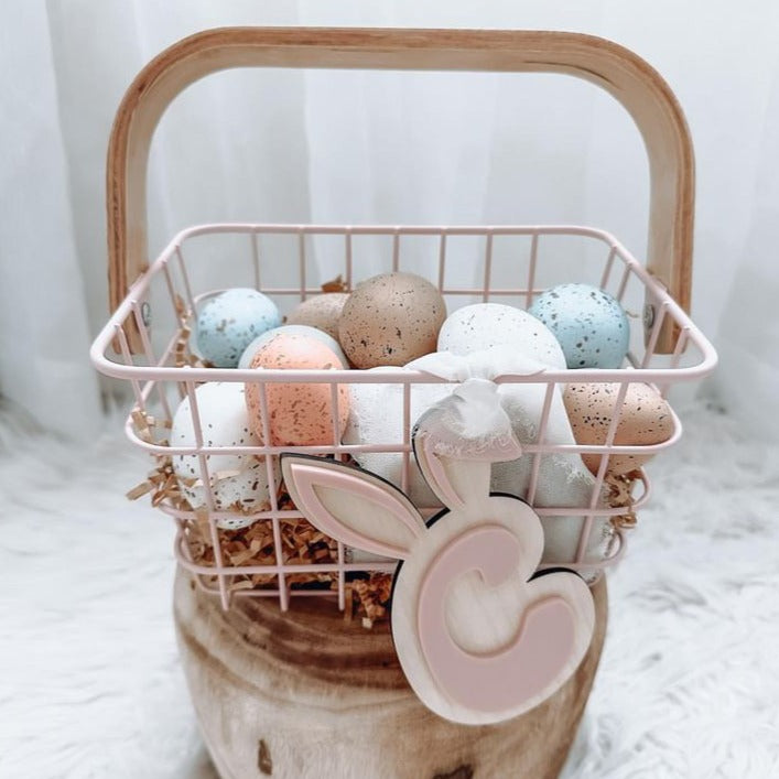 3D Initial Bunny Ear Tag tied to basket