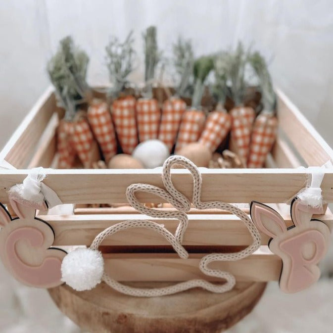 3D Initial Easter Tag & French Knitted Bunny - Collaboration Piece. Attached to Kmart Timber Crate