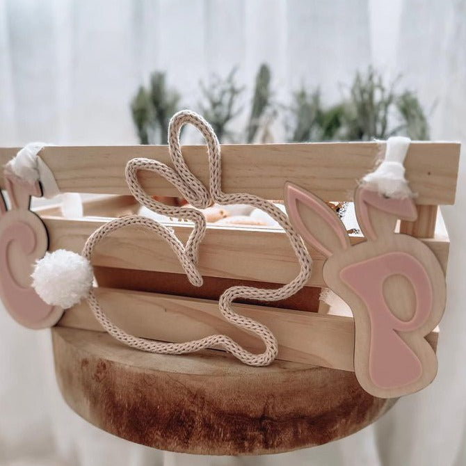 3D Initial Easter Tag & French Knitted Bunny - Collaboration Piece. Attached to Kmart Timber Crate