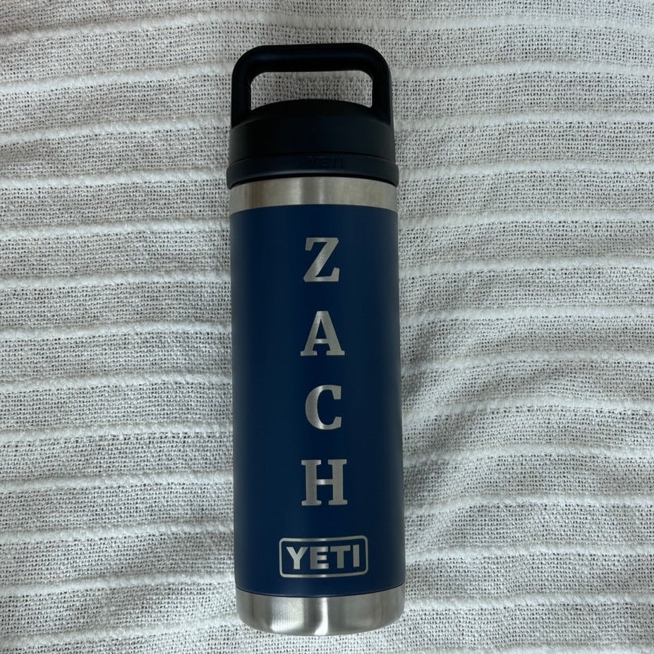 Dark Blue Yeti water bottle engraved