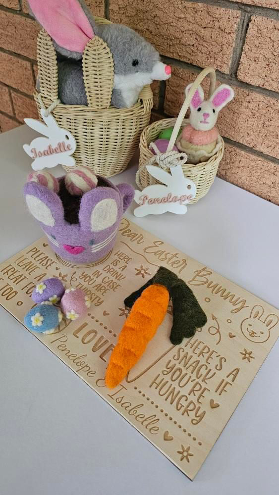 Easter Bunny Treat Tray - rectangle shape with carrot, eggs and a Munchi Takeaway cup as props
