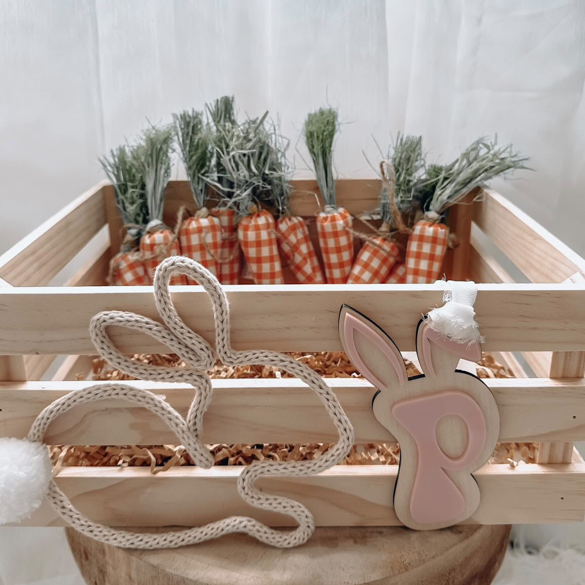 3D Initial Easter Tag & French Knitted Bunny - Collaboration Piece. Attached to Kmart Timber Crate