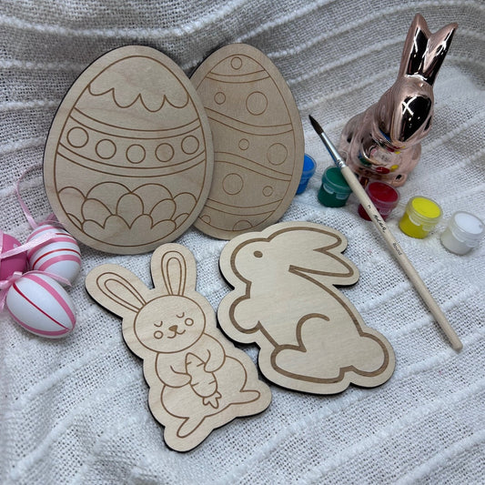 Easter DIY Kids Paint Set - Includes 4 timber easter designs, 1 x paint brush and 1 paint set