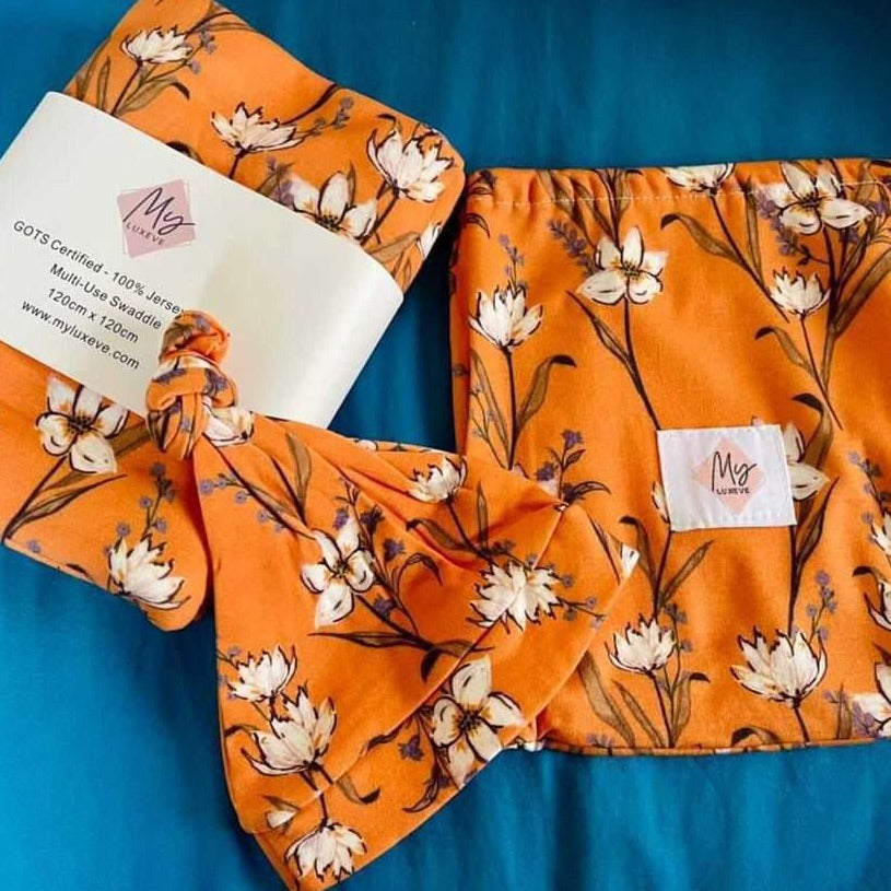 Baby Swaddle + Beanie + Bag Set - Floral