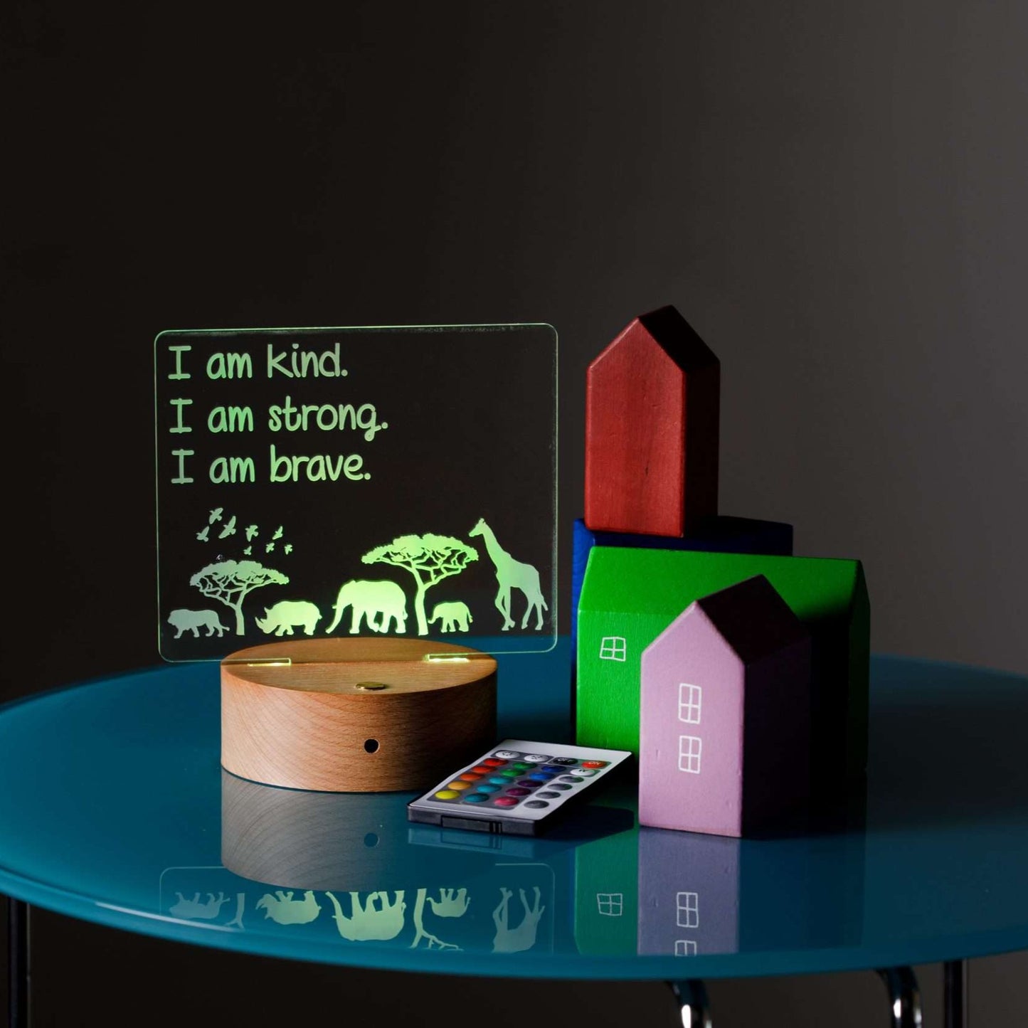 Safari Affirmations Night Light with Wooden Base