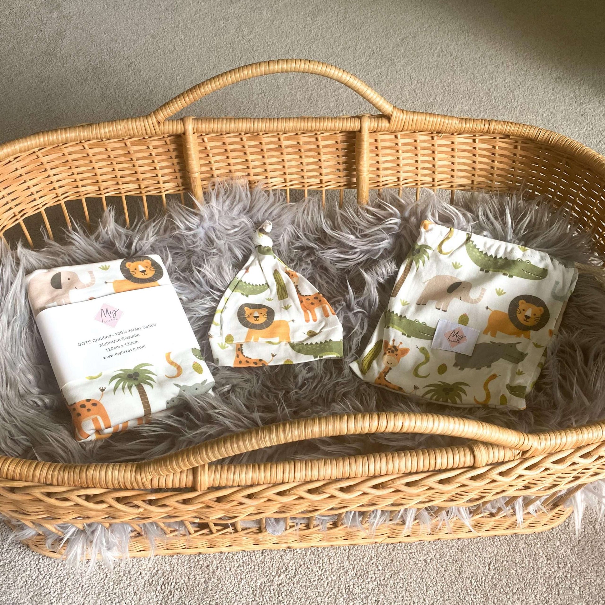 Baby Swaddle + Beanie + Bag Set - Safari