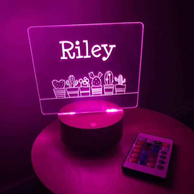 Cactus Plant Night Light - wooden base, pink light