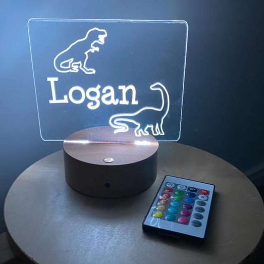 Dinosaurs Night Light with Blue Light and Wooden Base