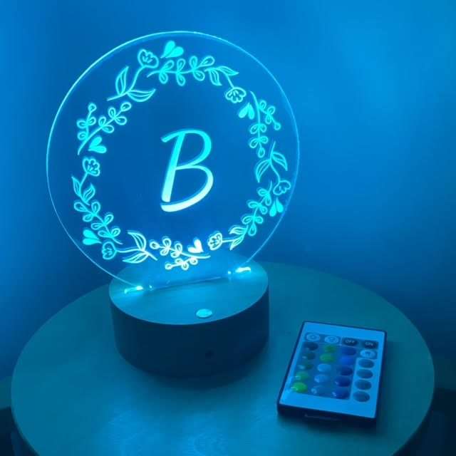 Floral Wreath Initial Night Light with Wooden Base