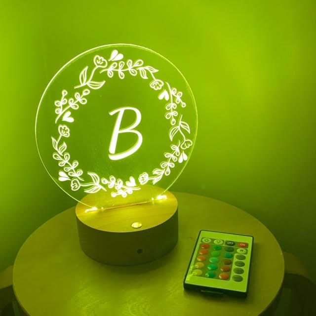 Floral Wreath Initial Night Light with Wooden Base