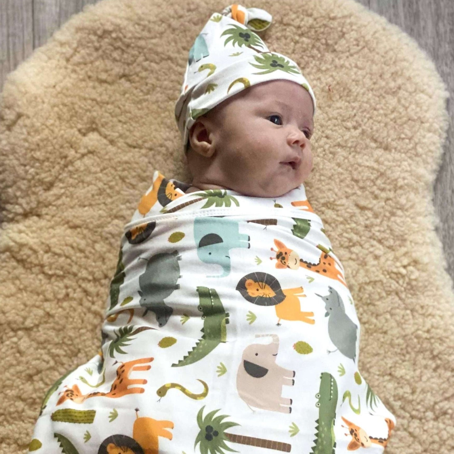 Baby Swaddle + Beanie + Bag Set - Safari