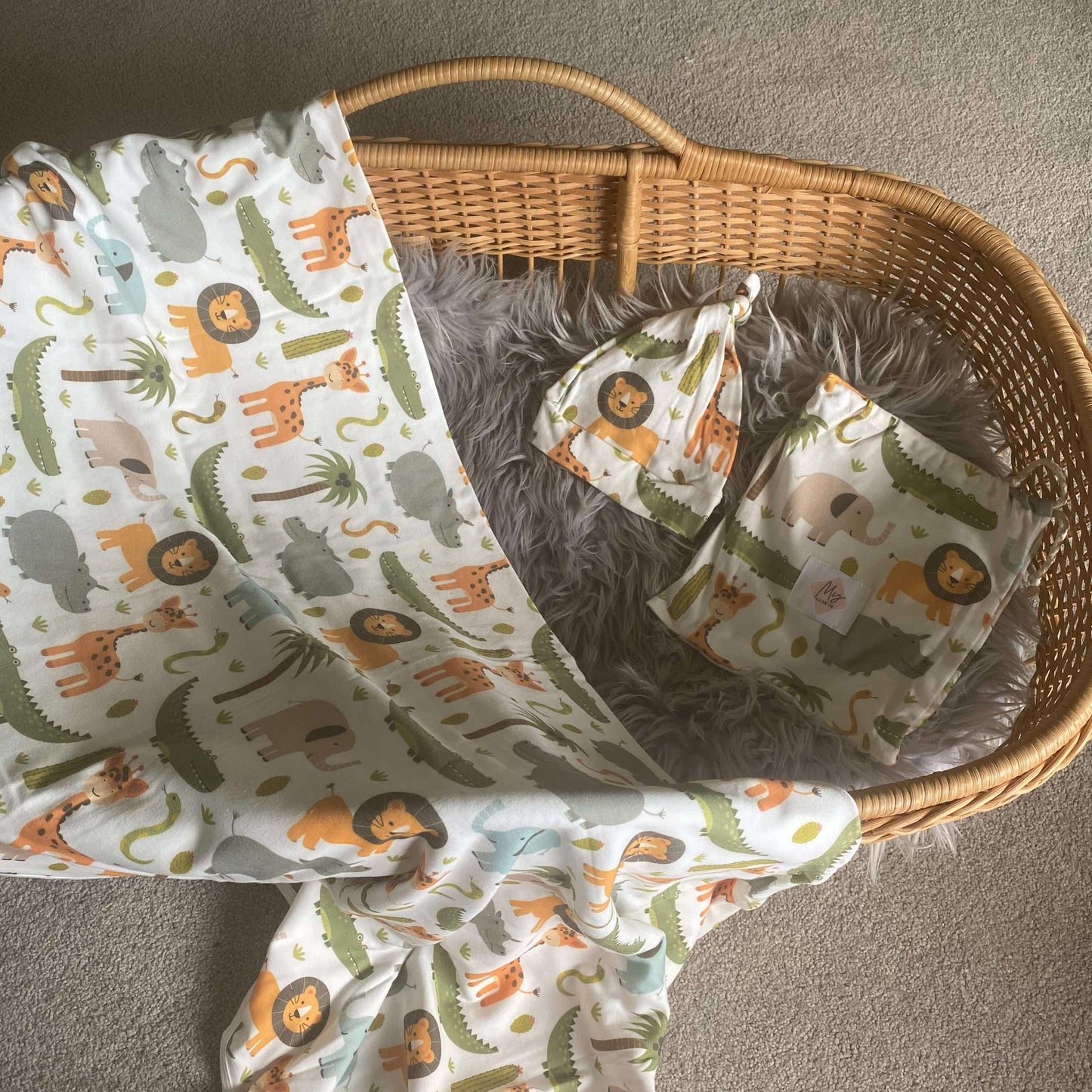 Baby Swaddle + Beanie + Bag Set - Safari