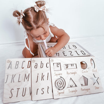 Timber Tracing Stencils | Alphabet Lower and Upper Case | Shapes | Numbers