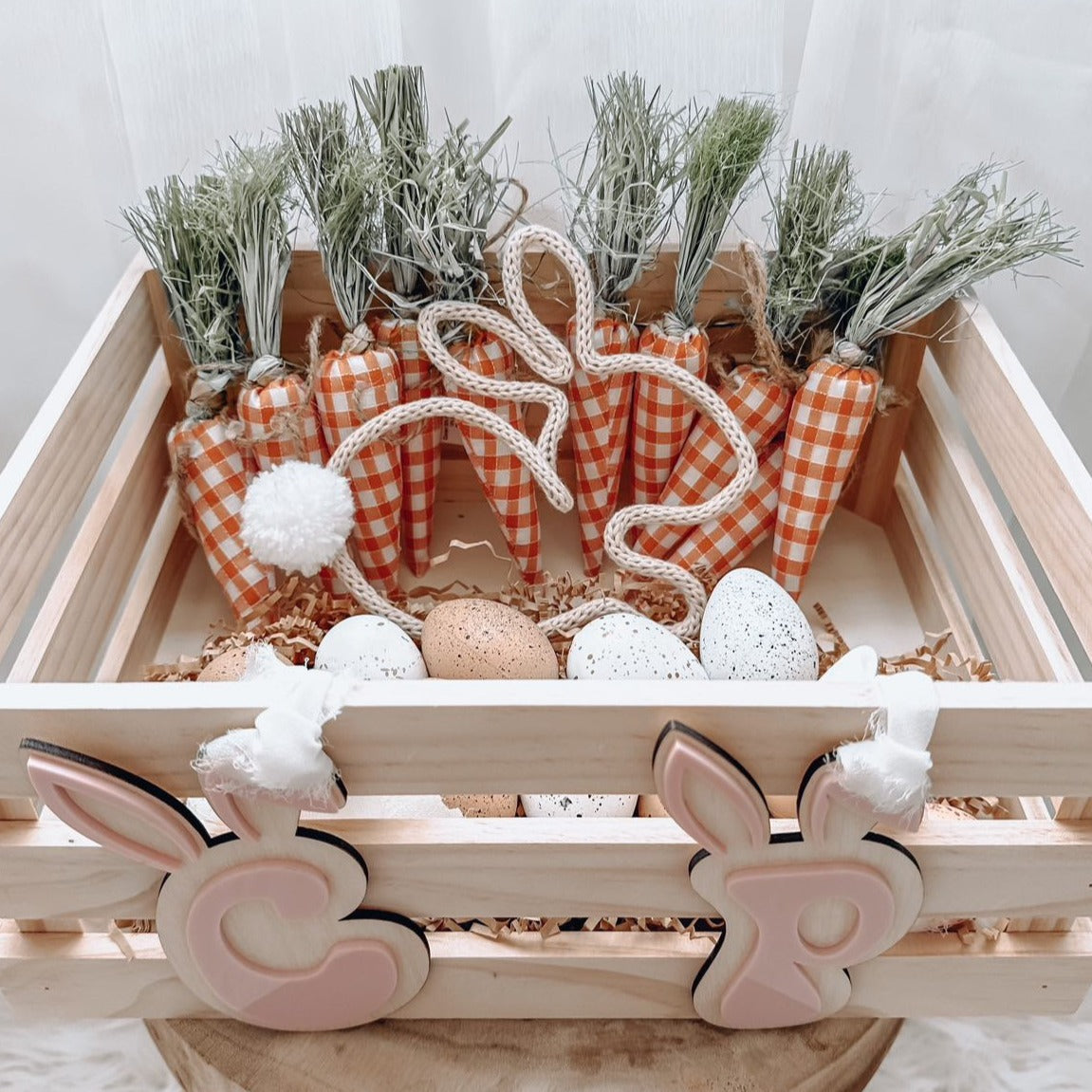 3D Initial Easter Tag & French Knitted Bunny - Collaboration Piece. Attached to Kmart Timber Crate