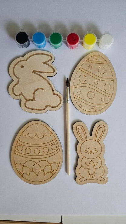 Easter DIY Kids Paint Set - Includes 4 timber easter designs, 1 x paint brush and 1 paint set