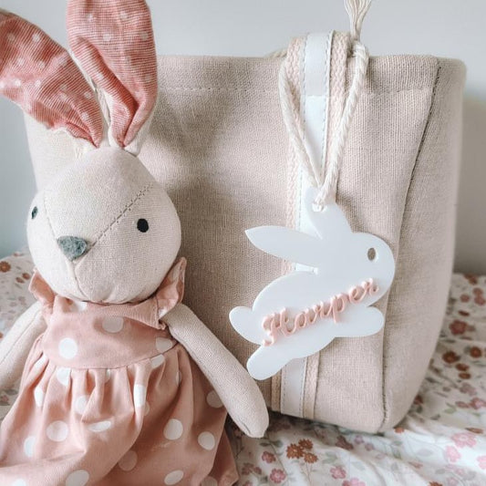 Personalised Bunny Shape Tag attached to canvas basket with bunny.