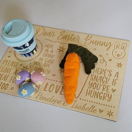 Easter Bunny Treat Tray - rectangle shape with carrot, eggs and a Munchi Takeaway cup as props