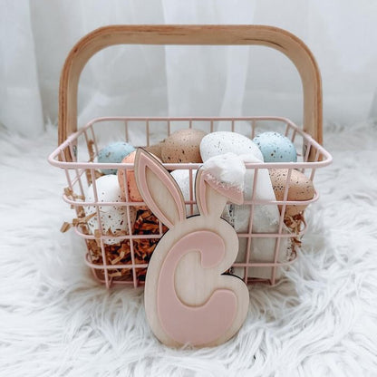 3D Initial Bunny Ear Tag tied to basket
