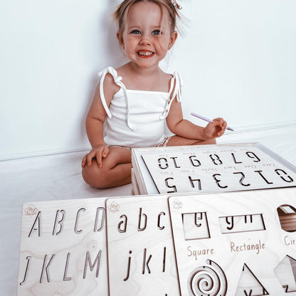 Timber Tracing Stencils | Alphabet Lower and Upper Case | Shapes | Numbers