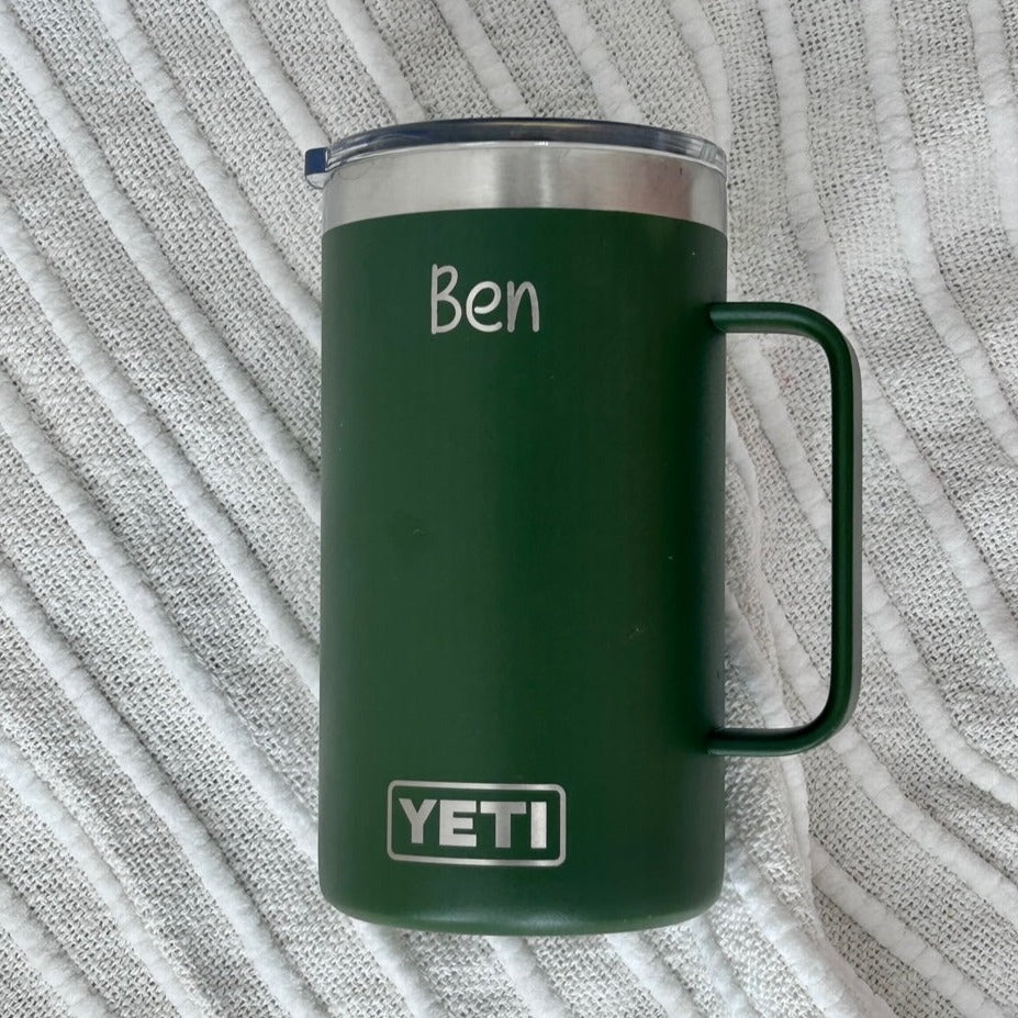 Green Yeti coffee cup engraved