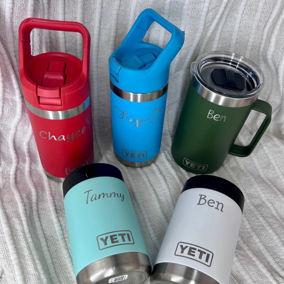 Collection of engraved Yeti products