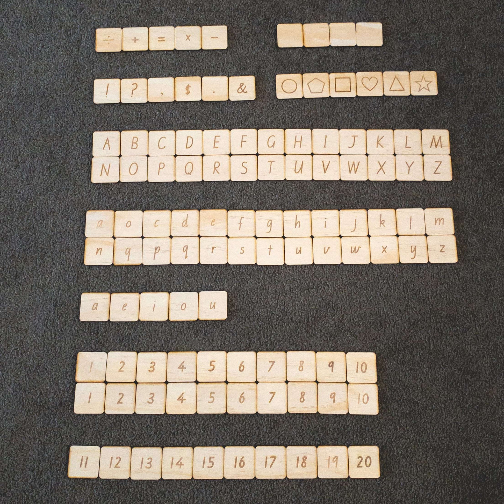 Alphabet and Number Tiles - Full set laid out.