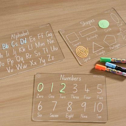 Learning Boards Bundle Pack, Alphabet, Numbers and Shapes pictured with Chalk Markers