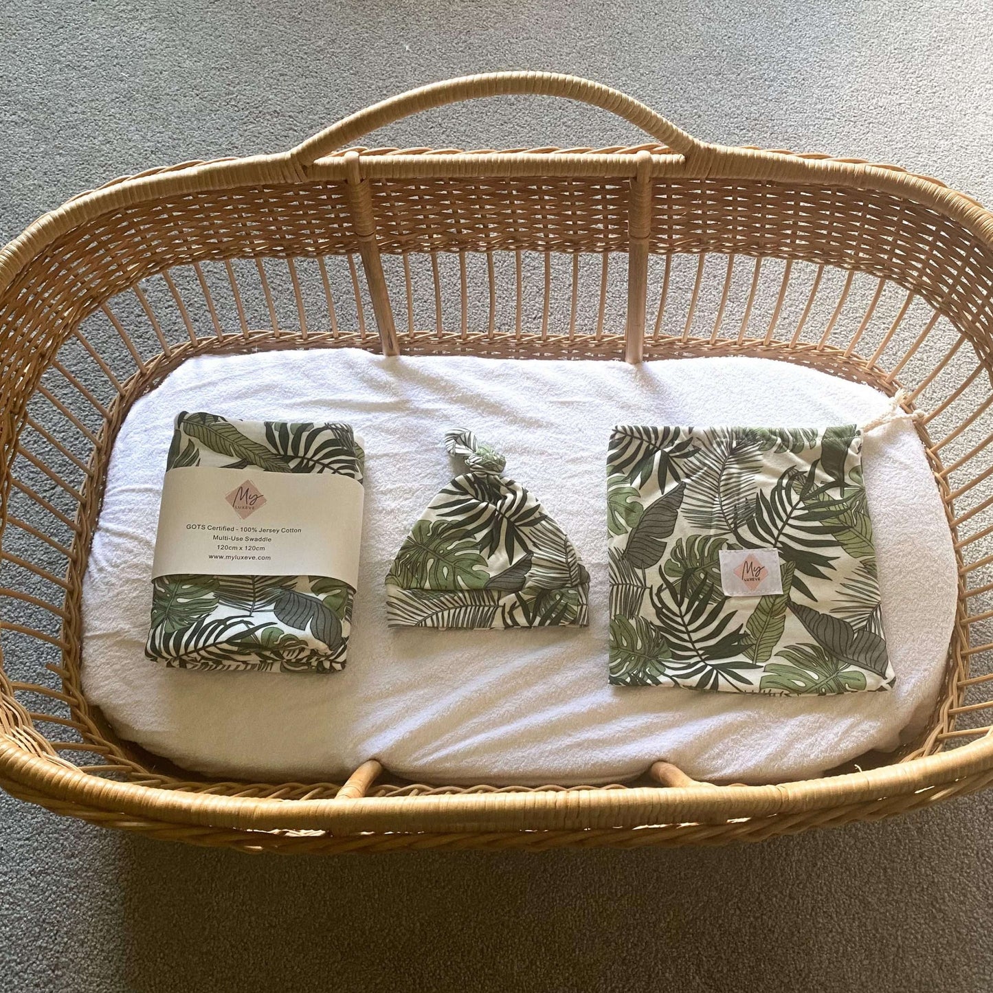 Baby Swaddle + Beanie + Bag Set - Botanical